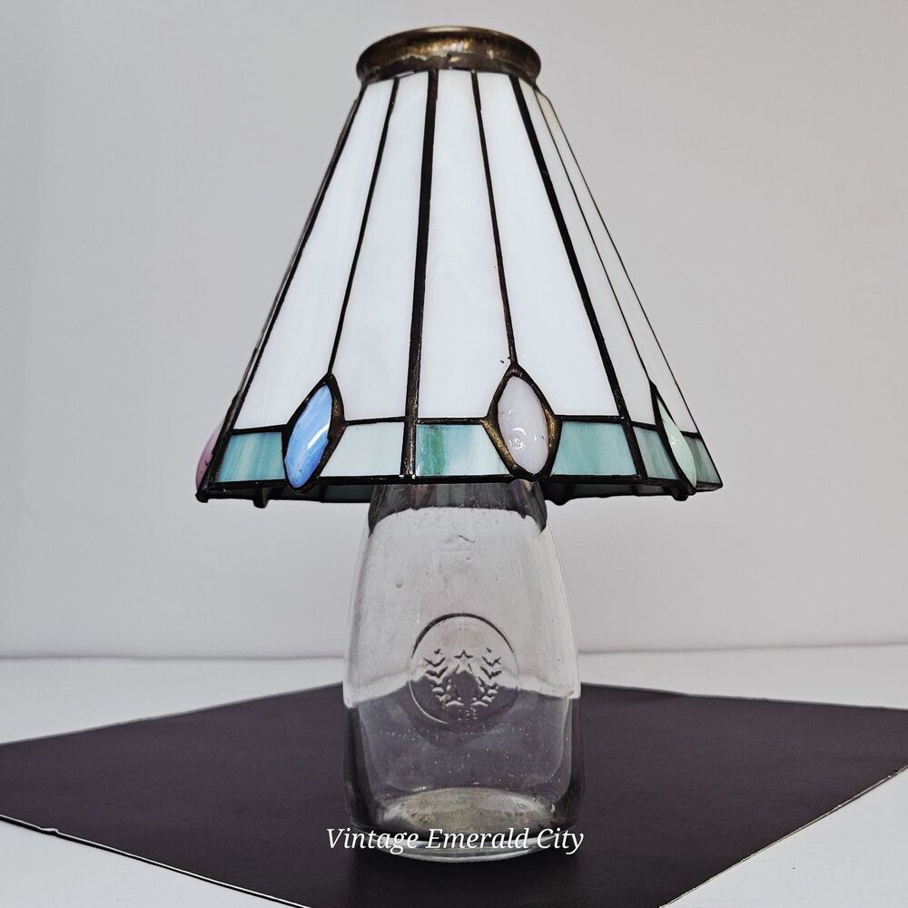 Vtg Antique Tiffany-style Stained Glass Lamp Shade Brass-White Teal Pink Mexico - Picture 5 of 12
